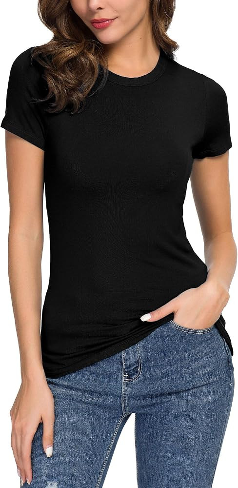 Women's Crewneck Slim Fitted Short Sleeve T-Shirt Stretchy Bodycon Basic Tee Tops | Amazon (US)