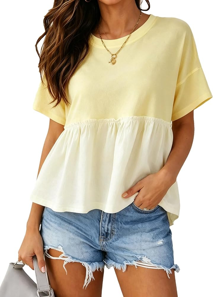 Womens Short Sleeve Peplum Top Cropped Crew Neck Patchwork Pleated Oversized Babydoll Shirts Blou... | Amazon (US)