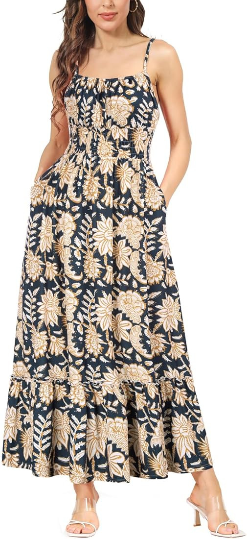 Womens Summer Maxi Dress Casual Sleeveless Spaghetti Strap Smocked Ruffle A Line Beach Long Dress... | Amazon (US)