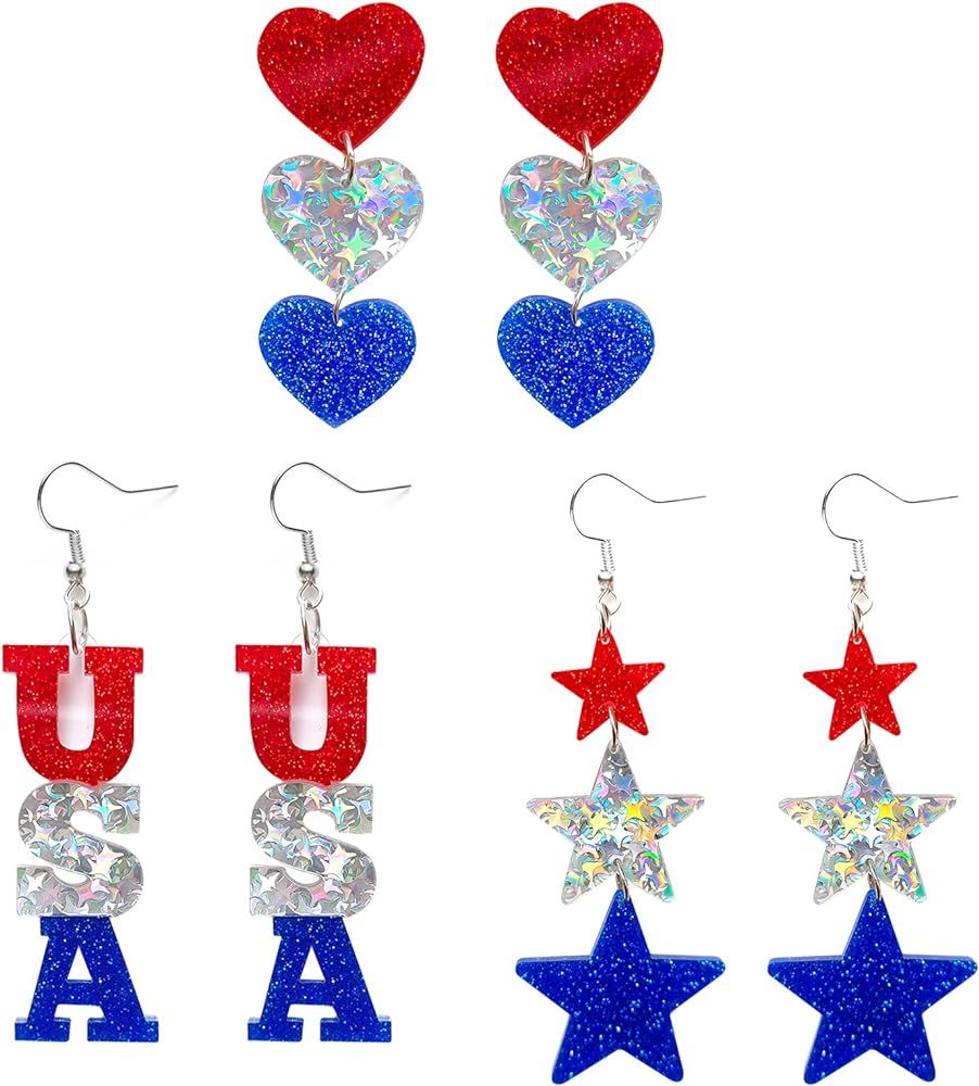 Patriotic Dangle Drop Stud Earrings Glitter Red White Blue USA Star Heart American Flag Acrylic J... | Amazon (US)