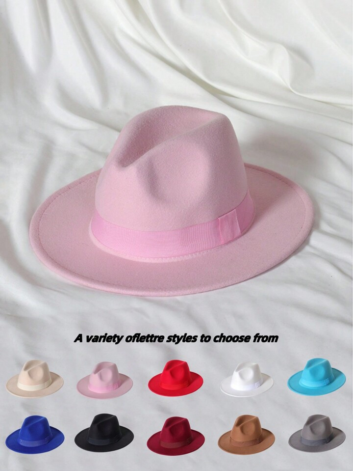 1pc Women Soft Woolen Hat With Matching Ribbon, Multi-Color, Wide Brim Round Flat Top Design, Sui... | SHEIN