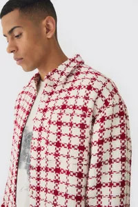 Oversized Boucle Bungee Hem Check Overshirt | boohoo (US & Canada)