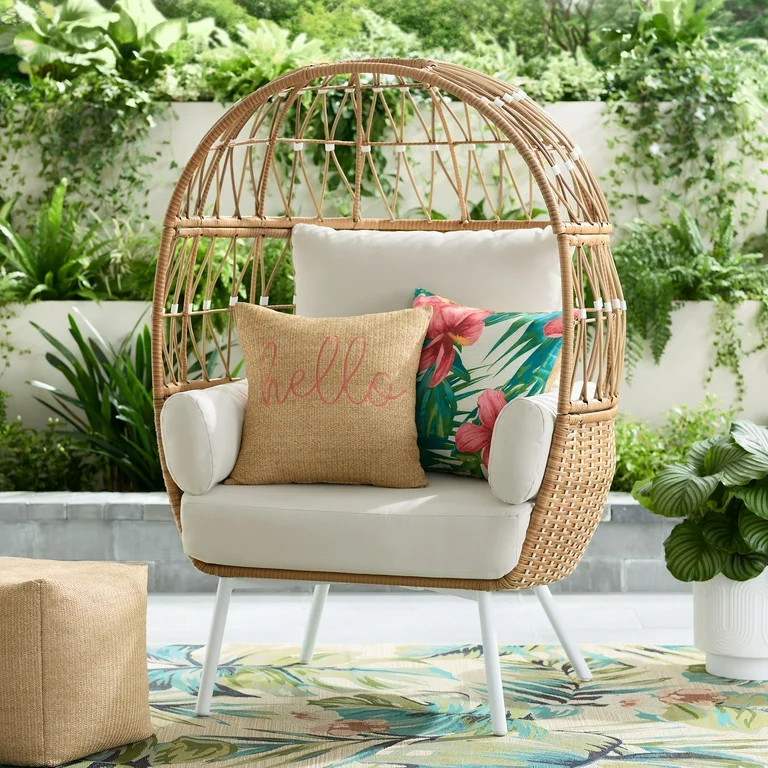 Better Homes and Gardens Lilah Boho Outdoor Stationary Wicker Egg Chair; White | Walmart (US)