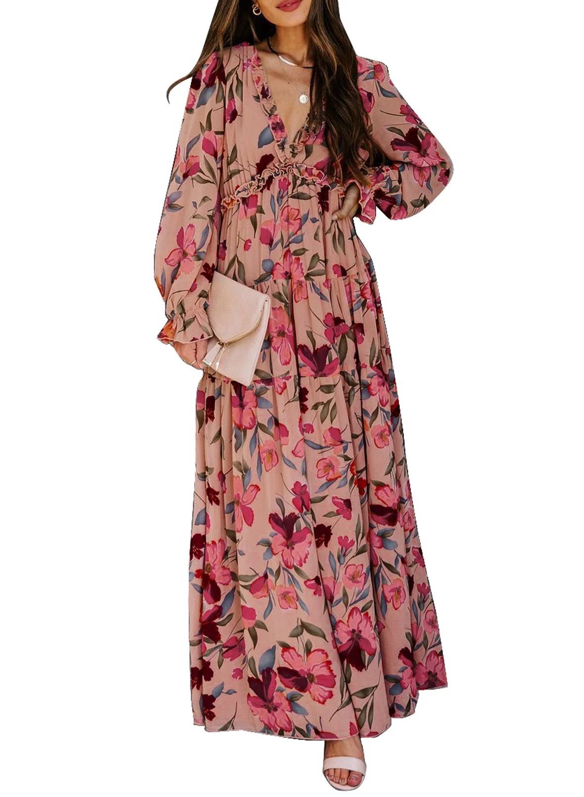 Asvivid Womens Maxi Dress Boho Floral Print Casual Deep V Neck Long Sleeve Long Evening Dress Coc... | Walmart (US)