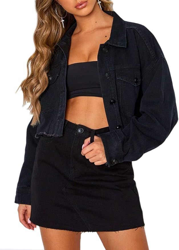 Oversized Denim Jacket for Women Long Sleeve Classic Loose Jean Trucker Jacket | Amazon (US)