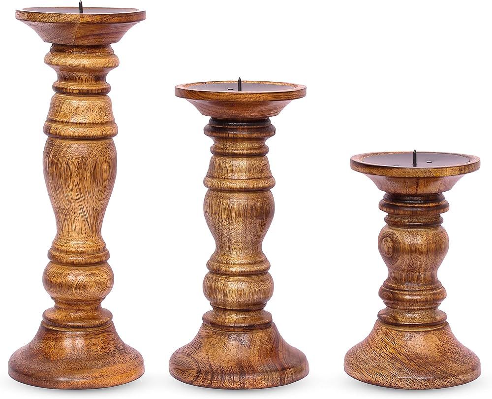 Wooden Candlestick Holders Set of 3 – Mango Wood Candle Holders for Table Centrepiece– 6, 8, ... | Amazon (US)