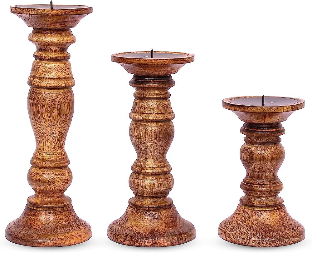 Wooden Candlestick Holders Set of 3 – Mango Wood Candle Holders for Table Centrepiece– 6, 8, ... | Amazon (US)