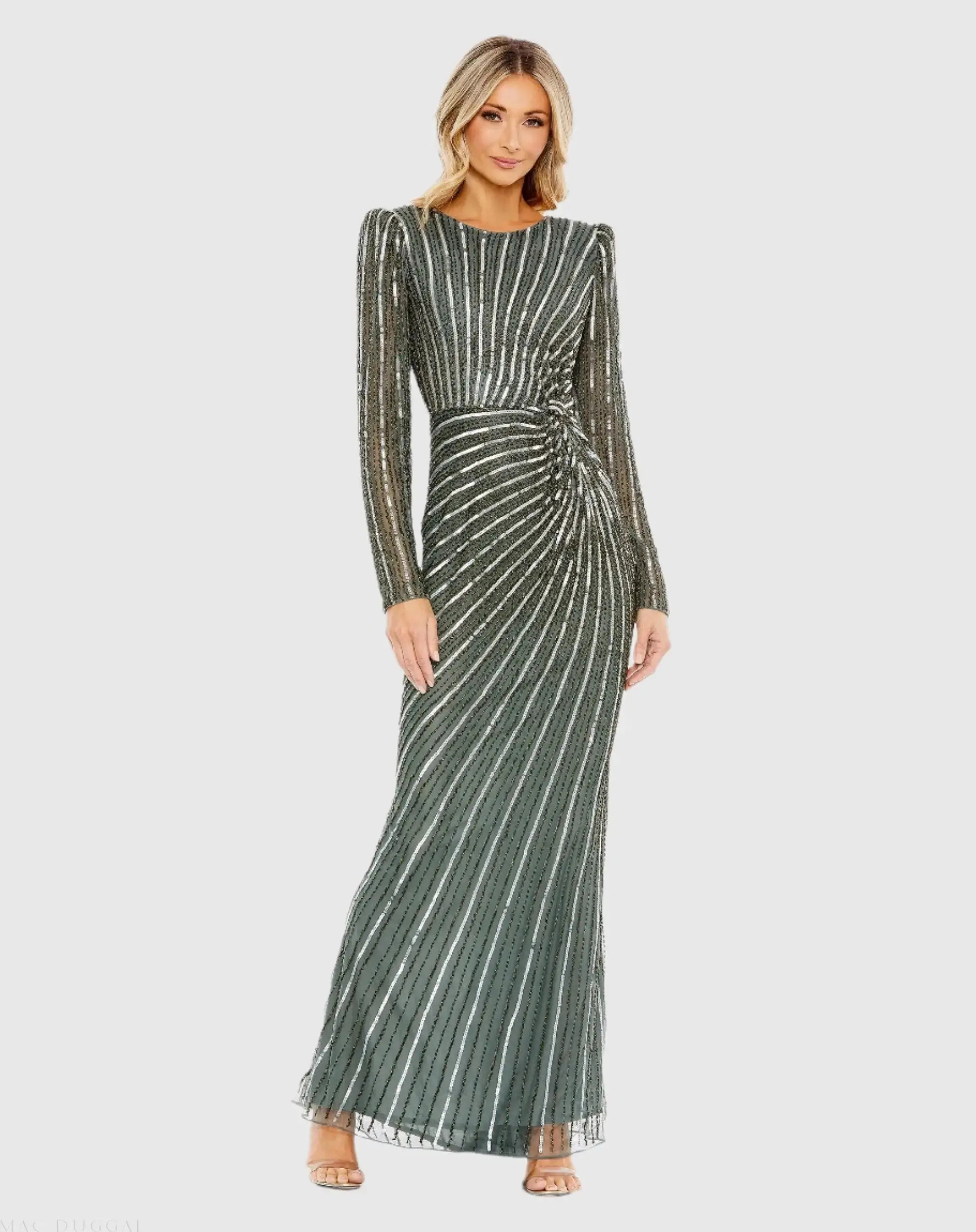 Mac Duggal - Gray Embellished Puff Sleeve Side Knot Gown - US 16 | Mac Duggal