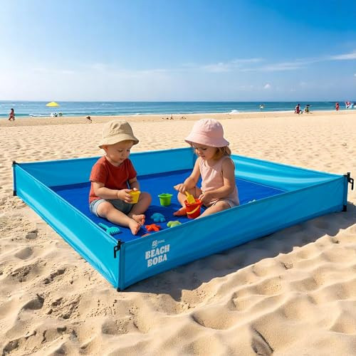 BeachBoba Sandproof Beach Blanket - Outdoor Playpen Sheet with Side Walls and Stakes to Keep Sand Out (Blue) | Amazon (US)