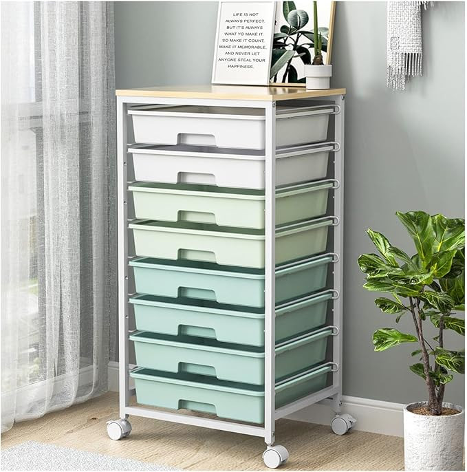 Rolling Storage Utility Cart Organizers with 8 Drawers and Wooden Tabletop for Living Room,Office... | Amazon (US)