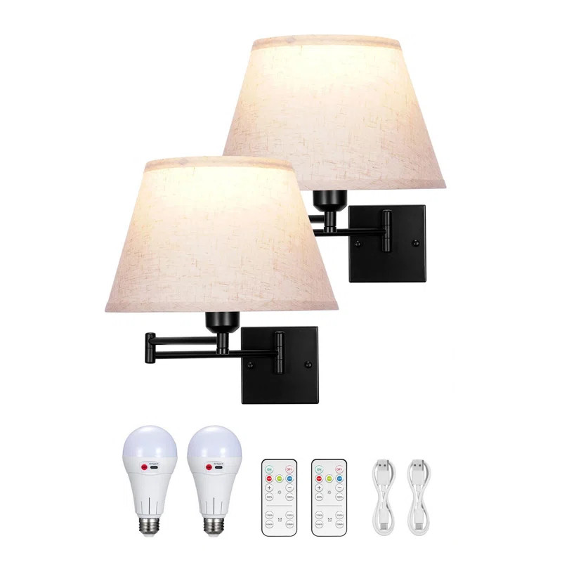 Fleurance Battery Opperated White Linen Shade Dimmable Swing Arm Sconce | Wayfair North America