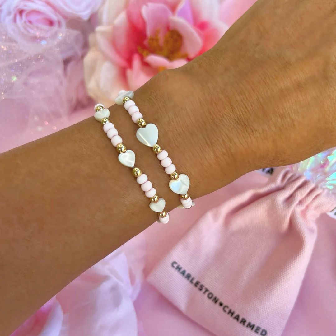 NEW! Powder Pink Seashell Heart Bracelets | 14K Gold Filled Beaded Bracelets | Heart Bracelets | ... | Etsy (US)