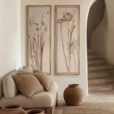 Vintage Botanical Line Art Floral Panels â Set of 2 Framed Wall Art Print on Canvas 60"x20"x2pcs, 60"x30"x2pcs | Wayfair North America