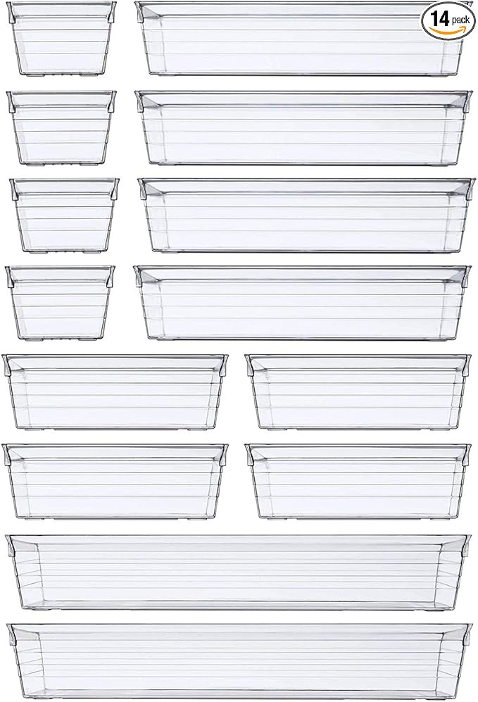 14 PCS Clear Plastic Drawer Organizer Tray for Makeup, Kitchen Utensils, Jewelries and Gadgets | Amazon (US)
