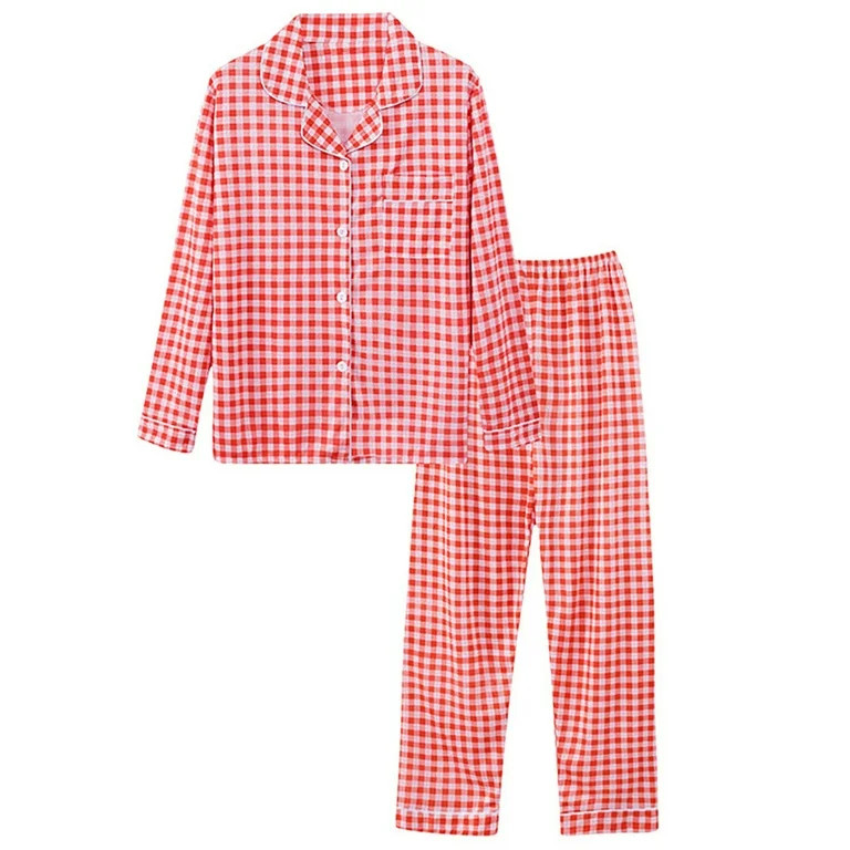 Rigardu Hot Sale!! Womens Cotton Pajama Sets Long Sleeve Button Down Shirt and Pants Sleepwear 2 ... | Walmart (US)