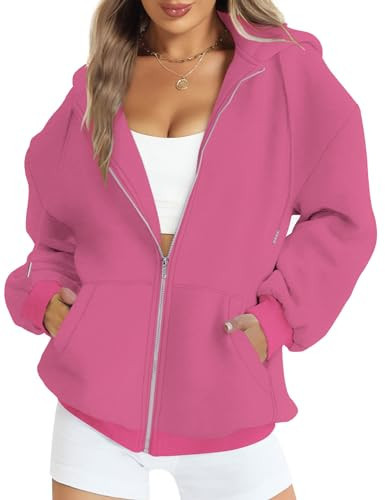 FANCYINN Women's Zip Up Hoodies Casual Drawstring Oversized Sweatshirts Fleece Vintage Solid Long Sleeve Jacket with Pockets Dark Purple M | Amazon (US)