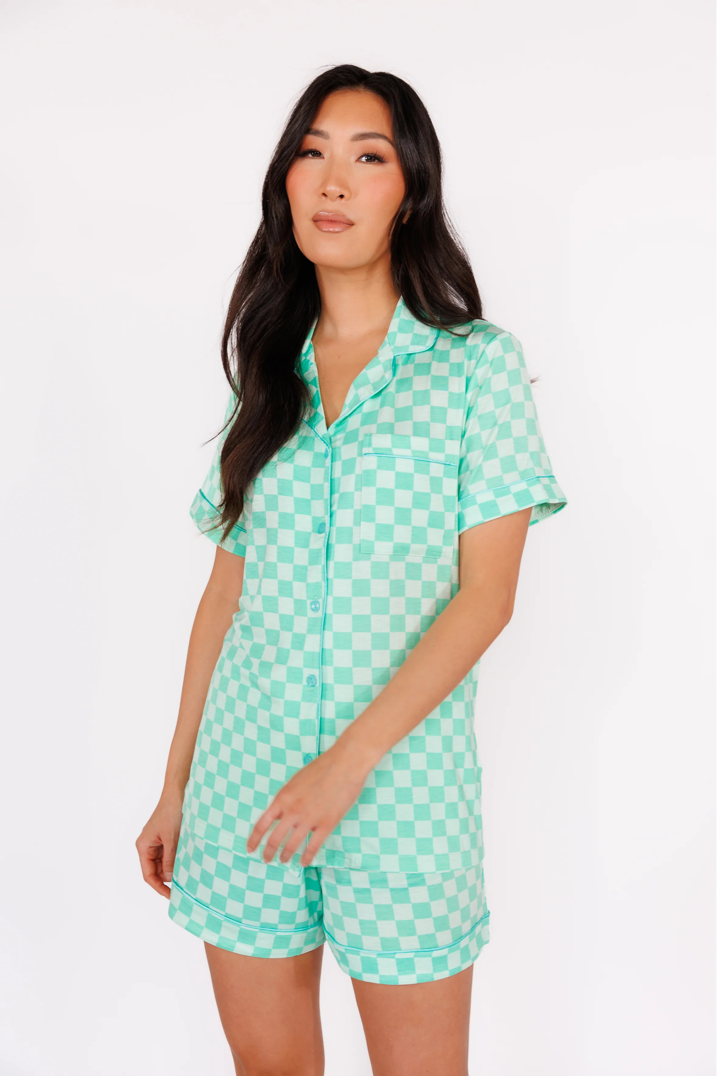 Seafoam Checkered Short Sleeve & Short Pajama Set | In My Sundays