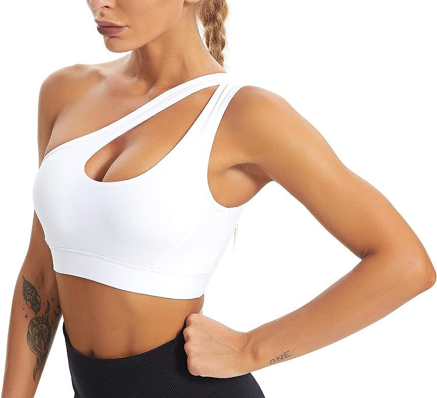 MATHACINO One Shoulder Sports Bra for Women Sexy Cute Workout Yoga Bra Medium Support White at Am... | Amazon (US)
