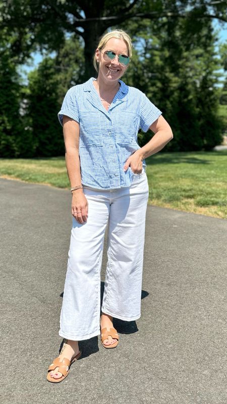 After a full day of work and seatbelts, this is as wrinkled as this linen shirt from Target got! Obsessed with the softness, quality and color and these are my same $40 stretchy, best selling white jeans from Banana! Small top and 8 jeans  

#LTKFindsUnder50 #LTKMidsize #LTKStyleTip