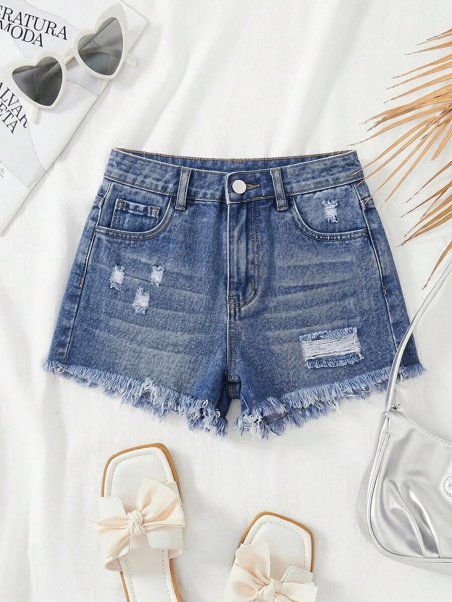 SHEIN Tween Girl Summer Boho Casual Solid Washed High Waist Solid Washed Ripped Denim Jeans Shorts With Frayed Hem And Distressed Pockets, Girls Summer Beach Vacation Baggy Shorts ,Summer Concert Festival Casual Rave , Girls Summer Brunch Graduation | SHEIN