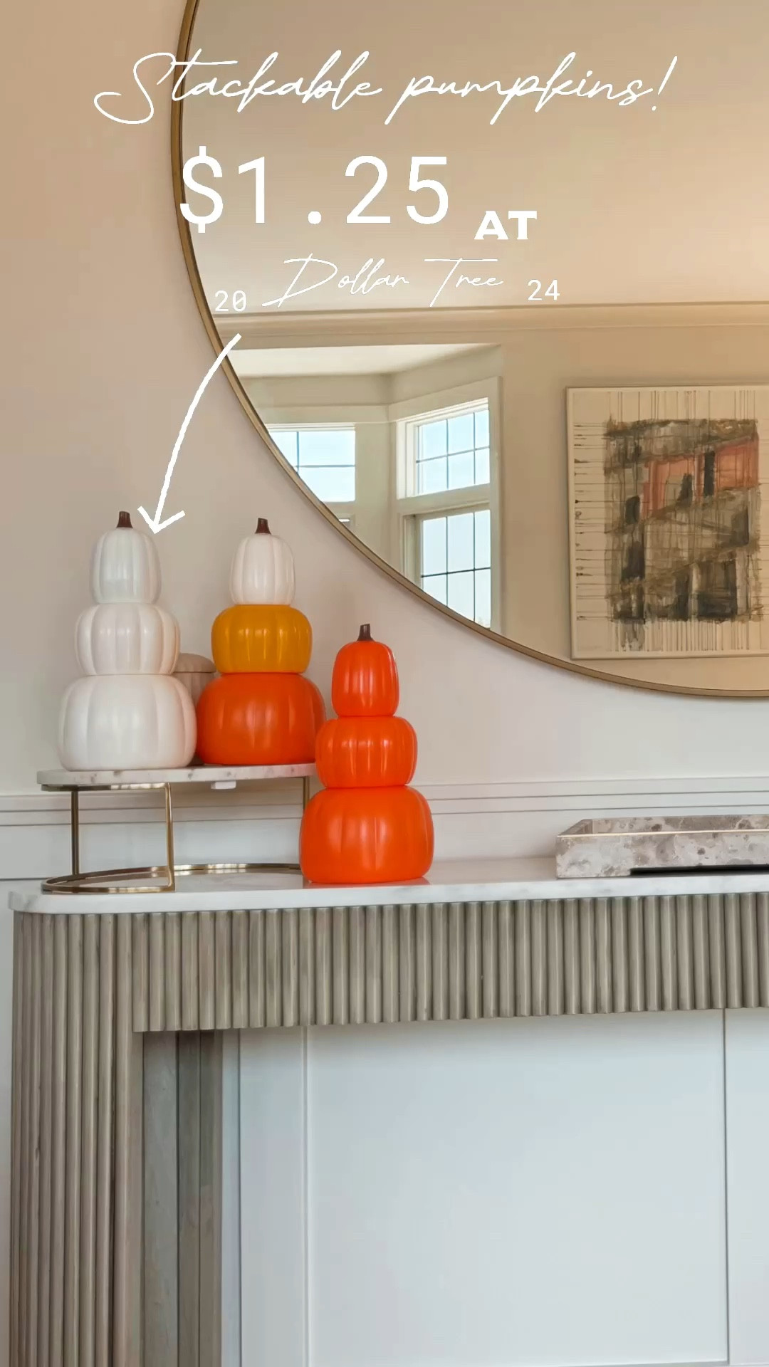 Add a lil spicy 🎃🎃🎃 to my table 🤌
- flutted marble entrance table
- round frameless brass mirror
- dessert trays you can leave out
- stackable pumpkins … these dollar tree ones have endless DIY possibilities!!


#ltkvideo #ltkhome #ltkover40

#LTKSeasonal #LTKFindsUnder100 #LTKFindsUnder50