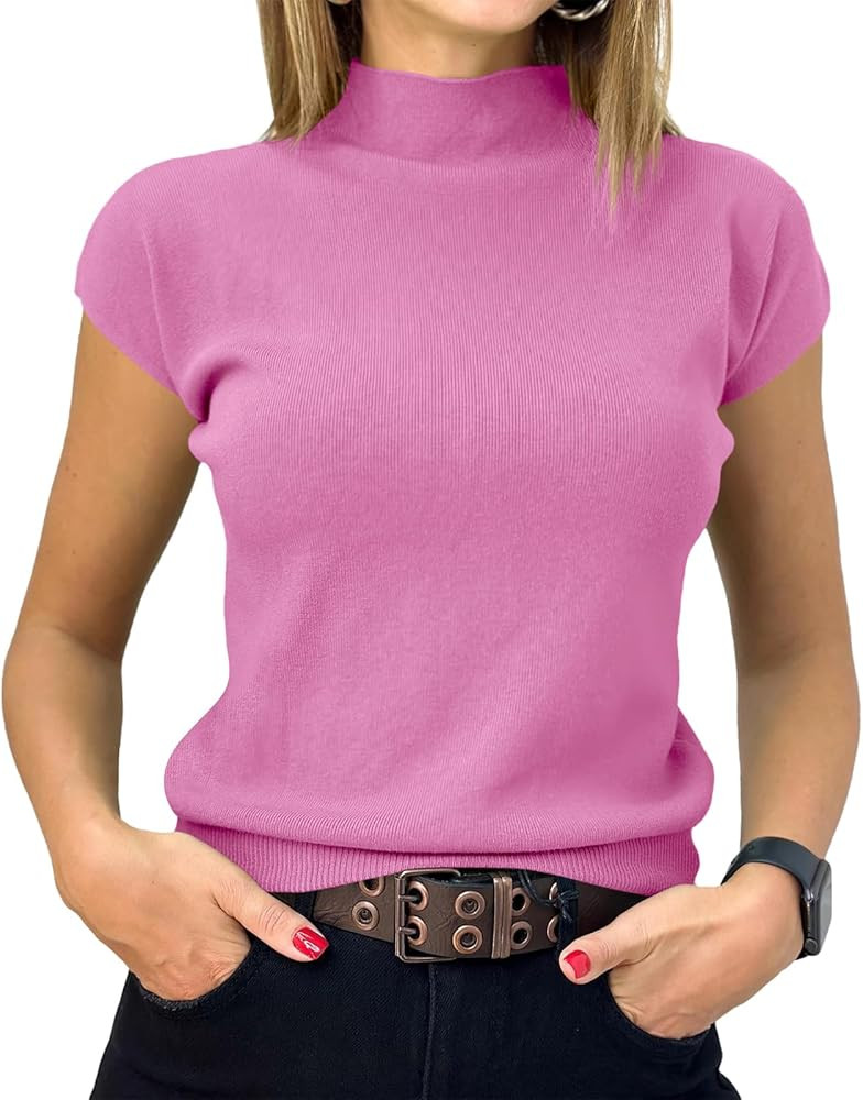 Saodimallsu Womens Short Sleeve Sweater Mock Neck Summer Casual Basic Knit Slim Fitted Pullover T... | Amazon (US)