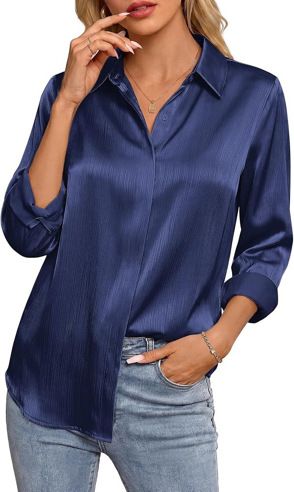 GRACE KARIN 2026 Womens Silky Satin Button Down Shirts Long Sleeve Work Blouses Dressy Casual Top... | Amazon (US)