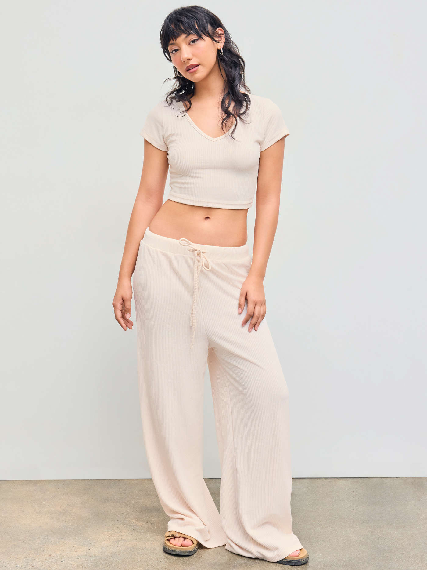 V-neck Short Sleeve Crop Tee & Knotted Wide Leg Pants Set... | Cider
