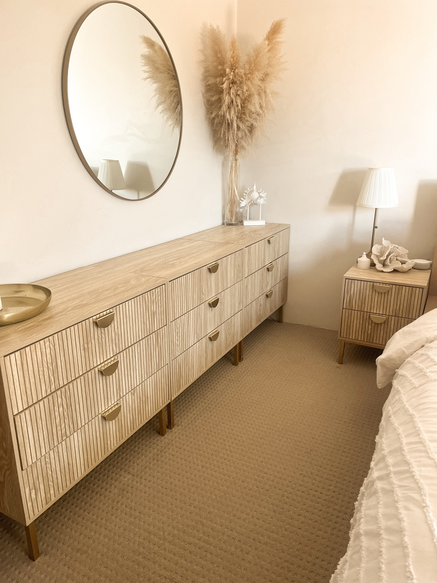 My drawers are from Kmart Australia and are the Isla Draws (P_43151202) and Isla Bedside table (P_431616121)! I swapped out the handle for the 2 pack half moon handles also from Kmart (P_43232468) and sprayed the legs gold to match!

If you’re not from Australia, ill tag similar options below 