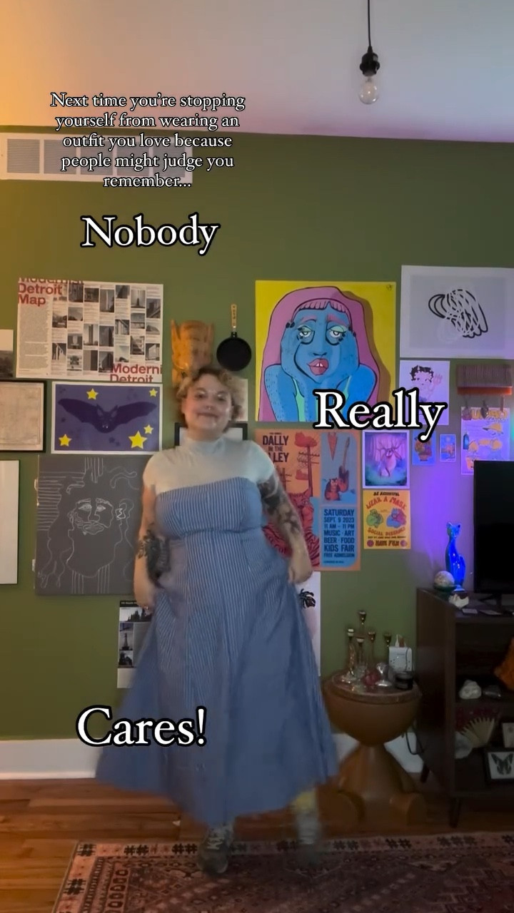 You know what types of people judge others for what they’re wearing? 

People struggling, or people mean spirited. So? Don’t waste your time trying to please everyone. I promise the majority of people don’t care about you! And I say that with love and with liberation 🧡

So the next time you think about changing out of an outfit, you love because it’s “too much“ or because your belly is showing or because you’re worried it doesn’t match or look good enough for others remember…

NOBODY REALLY CARES! 

….

Plus-size style, midsize fashion, OOTD, style a dress, self love, body positivity, curvy