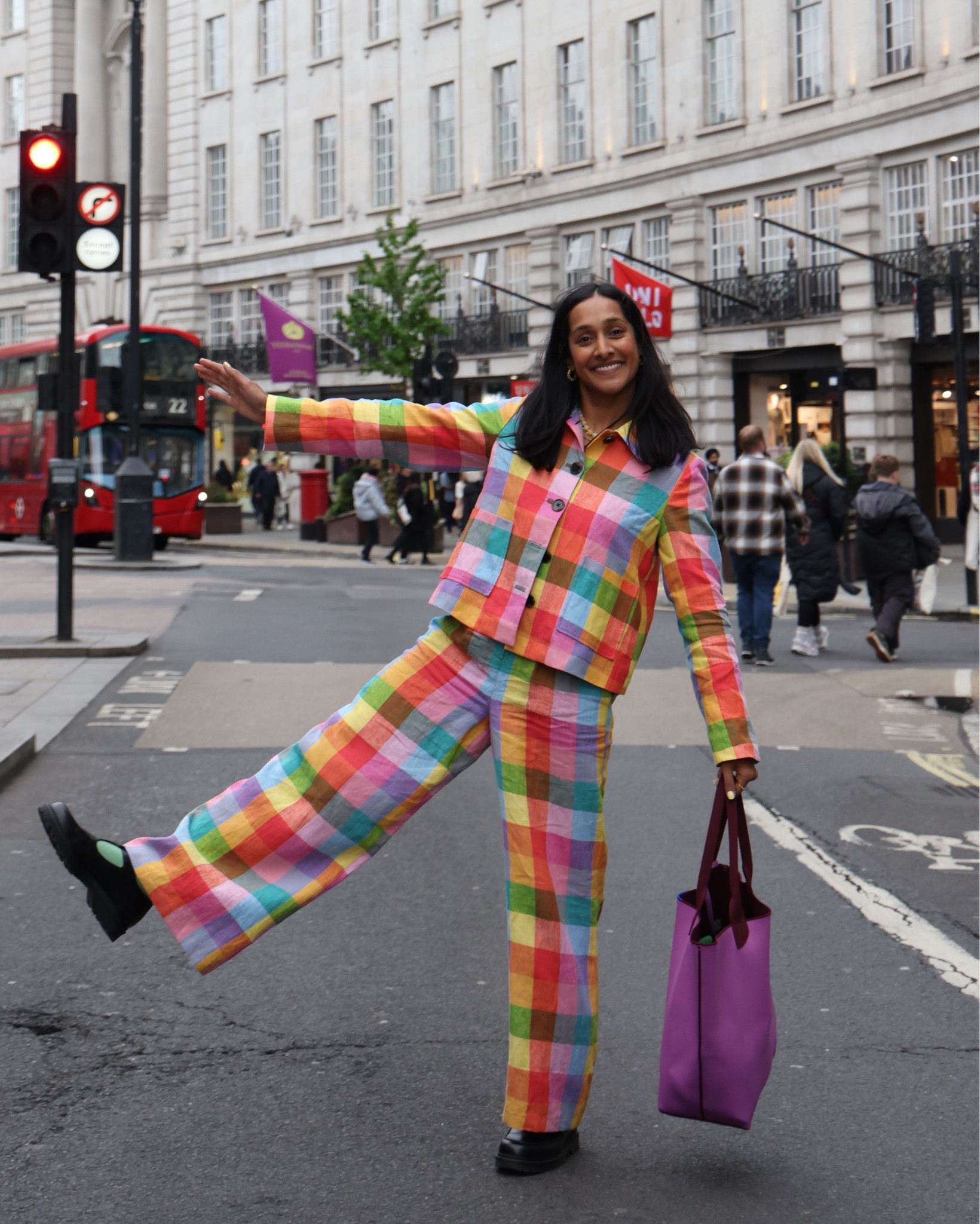 Colourful style, rainbow suit, gingham trousers, colourful outfit, check suit, Boden, street style, London style, ootd, dopamine dressing 