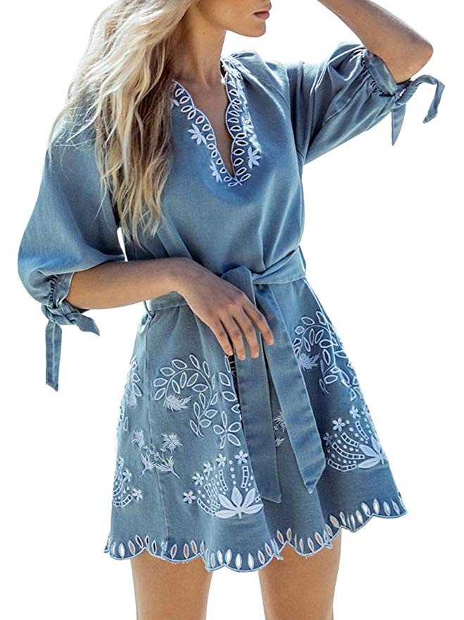 Miessial Women's V Neck Short Sleeve Mini Dress Casual Ruffle Loose Tunic Shirt Dress | Amazon (US)