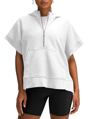 Fisoew Womens Oversized Half Zip Hoodies Short Sleeve Casual Sweatshirts Pullover Tops with Pocke... | Amazon (US)