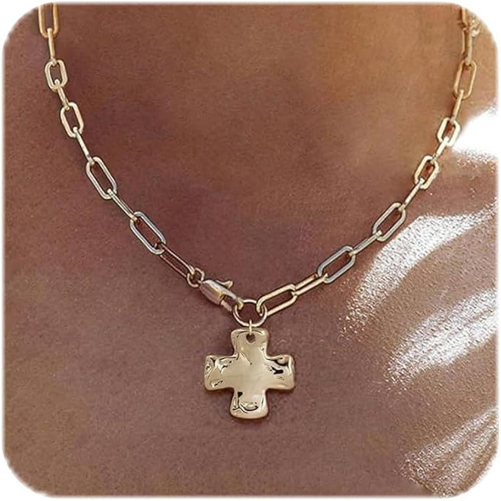 14K Gold/Silver Plated Chunky Cross Necklaces for Women, Statement Simple Dainty Pendant Necklace... | Amazon (US)