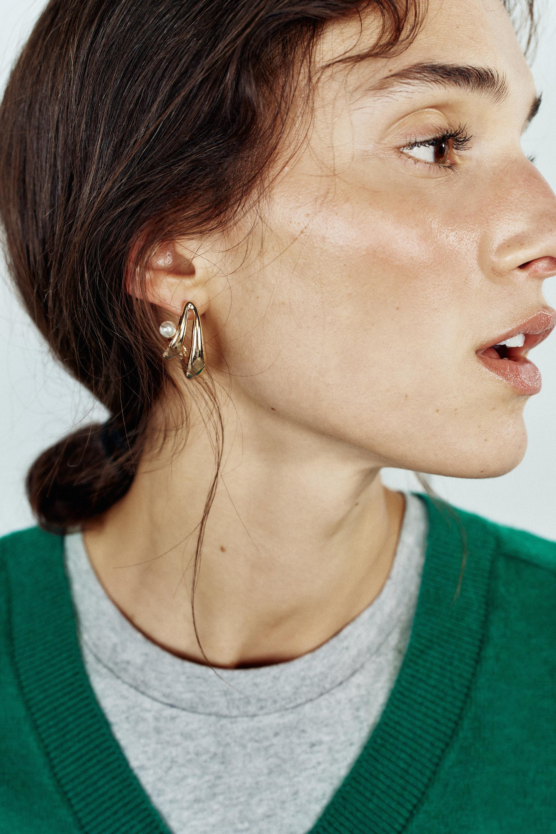 Zara - Double Hoop Faux Pearl Earrings - Golden - M - Woman | Zara UK