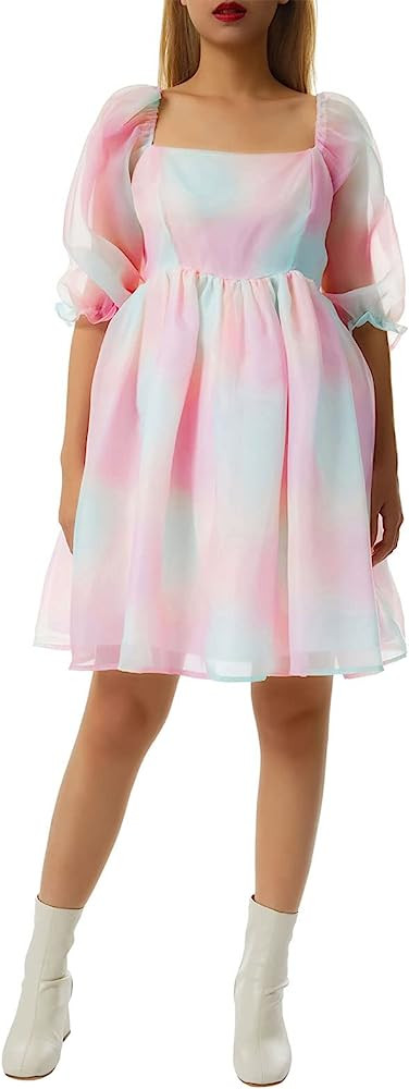 Womens Puff Sleeve Tulle Dress Princess Mini Dress Square Neck Bubble Sleeve Mesh Ruffle Dress fo... | Amazon (US)