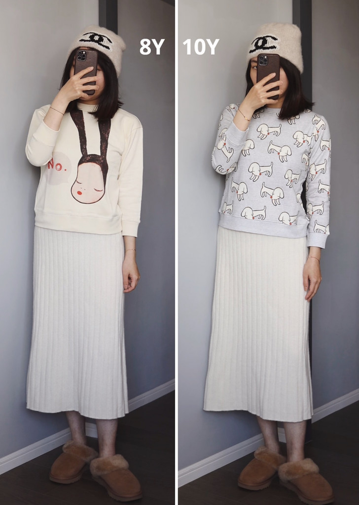 先說一下我目前157/49平常大多穿XS，這次買的都是10Y以下，原本想說買給小孩穿就好了，乾脆買大一點讓他們穿oversized的感覺，可以穿更久(我之前還讓Aaron穿Thom Browne 12Y他才7歲也可以! 這樣穿個幾年有感覺比較回本)，然後套了一下發現自己也可以耶。

→ 衛衣的部分，他是不會厚重的料子，沒有刷毛，估計春天秋天穿都沒問題，10Y我穿起來像是九分袖，8Y我穿起來像是七分袖，10Y和8Y都是合身的感覺，但不會到非常貼身，當然10Y會比較舒服一點，穿進去的時候覺得領口當然是偏小，但穿好之後就還好了，我覺得衛衣因為沒有到很貼，假如我真的要穿8Y出門我覺得沒問題我可以!
#LTKtaiwan #LTKasia

#LTKfamily
