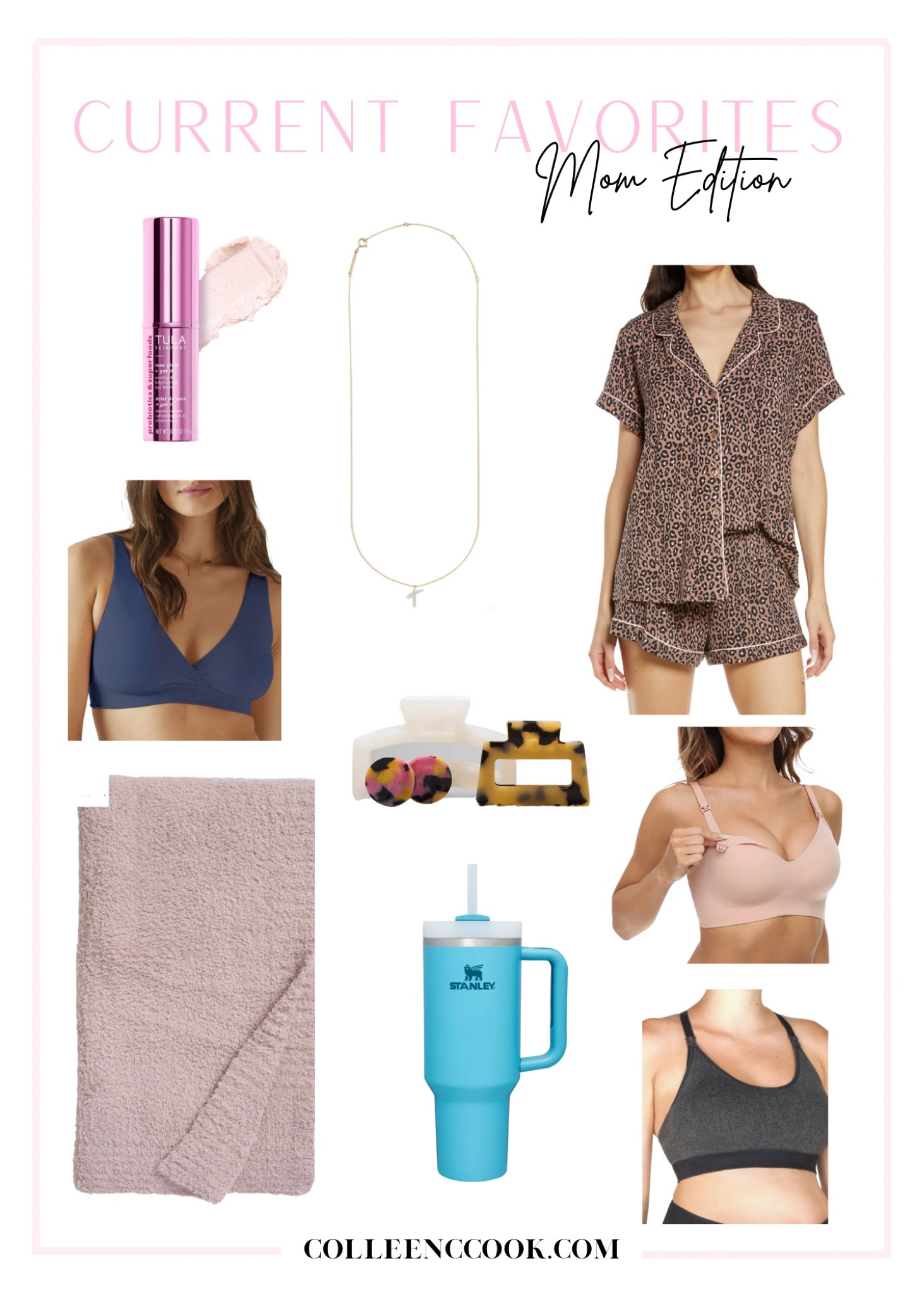 New mom favorites / breastfeeding friendly nursing bras / leopard print pjs / initial necklace / gifts for mom 