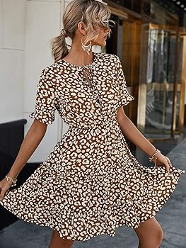 KIRUNDO Women’s Summer Dress Ruffle Sleeve Tie Neck High Waist Floral Print Mini Dress A-Line Sun Dr | Amazon (US)