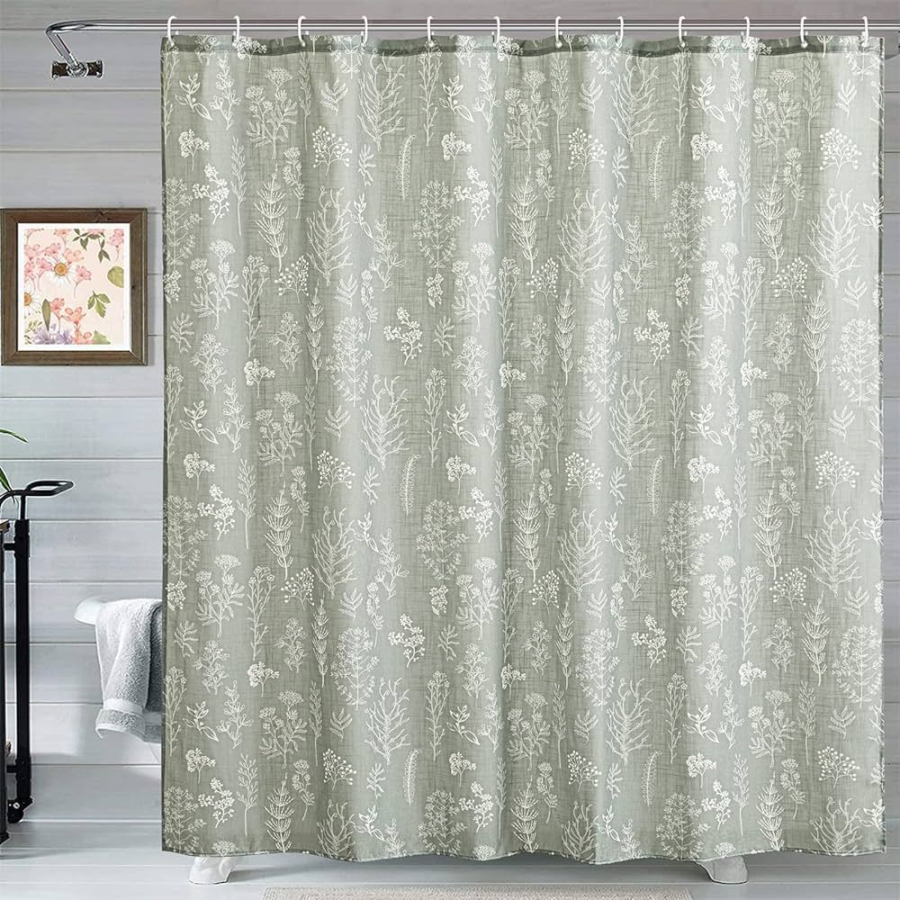 Estmy Green Botanical Linen Shower Curtain for Bathroom, Spring Summer Themed Hand-Drawn Boho Flo... | Amazon (US)