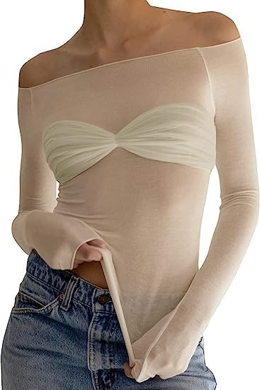 Meladyan Women Off Shoulder Ruched Sheer Mesh Sexy Tshirt Top Long Sleeve Pleated See Through Sol... | Amazon (US)