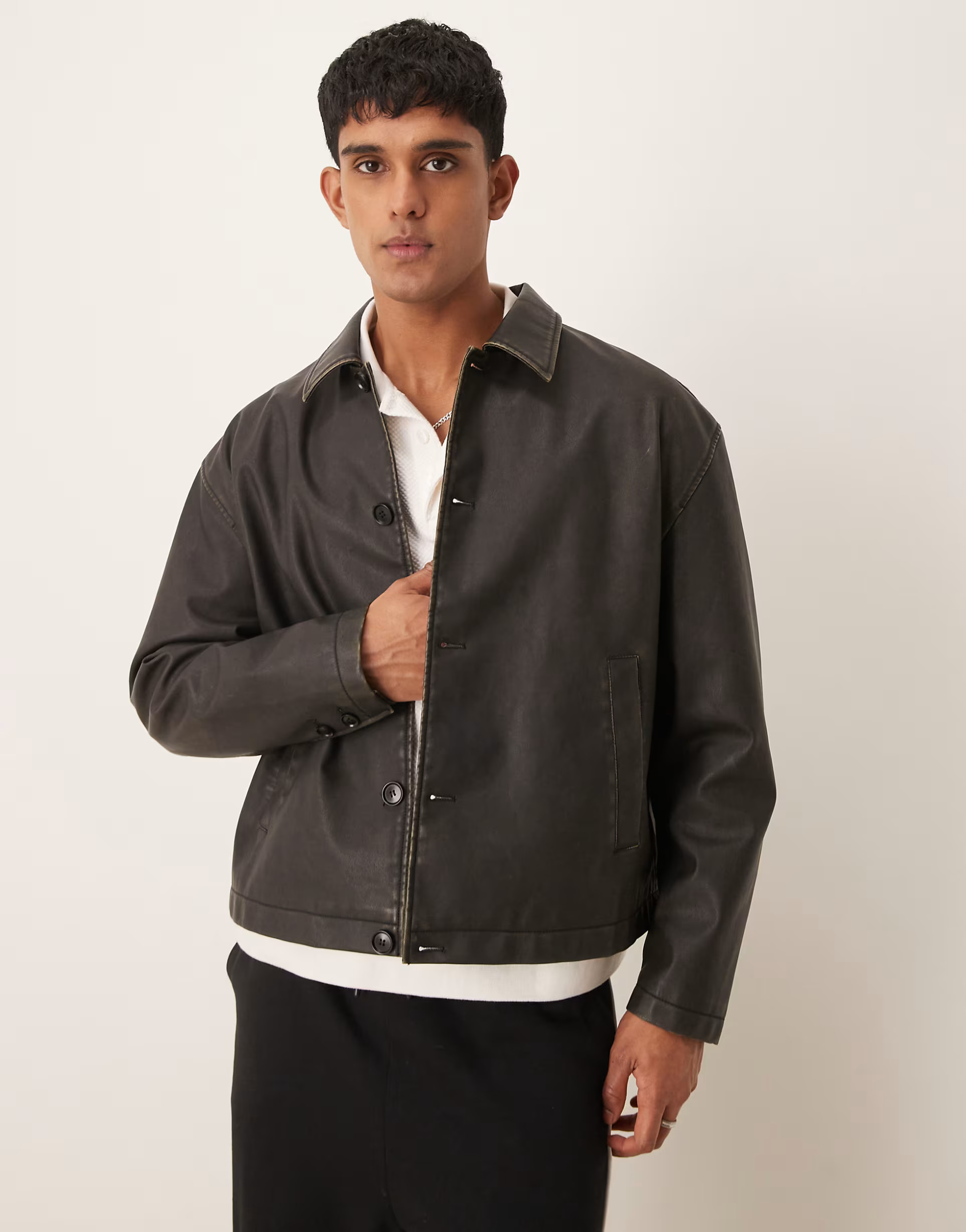 ASOS DESIGN faux leather boxy harrington jacket in washed brown | ASOS | ASOS (Global)