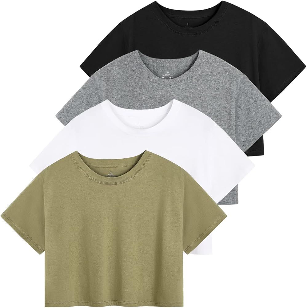 Cosy Pyro 4-Pack Women's Cotton Crop T-Shirts Short Sleeve Solid Cropped Athletic Top Round Neck ... | Amazon (US)