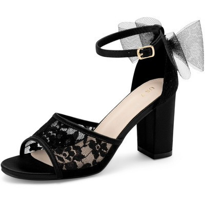 BLISSFUL STEP Women's Lace Bow Decor Open Toe Heeled Sandals Black 8.5 | Target