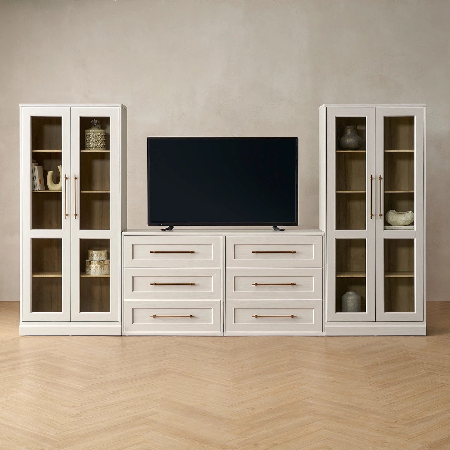 Blake 4 Piece Entertainment Center with Storage, Dresser TV Stand with Tall Display Cabinets, Whi... | Walmart (US)