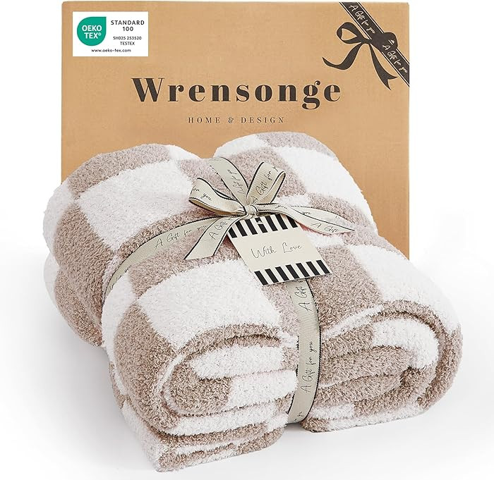 WRENSONGE Checkered Throw Blanket, Taupe Microfiber Soft Cozy Fluffy Warm Hand Made Throw Blanket... | Amazon (US)