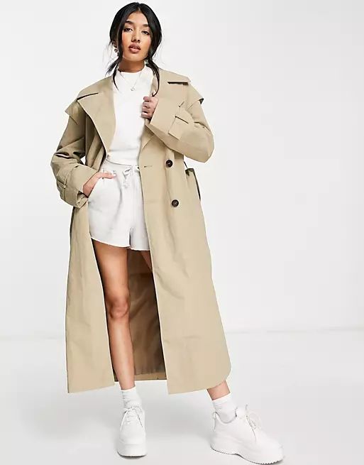 ASOS DESIGN – Trenchcoat in Stein mit Lippendesign an den Ärmeln | ASOS (Global)