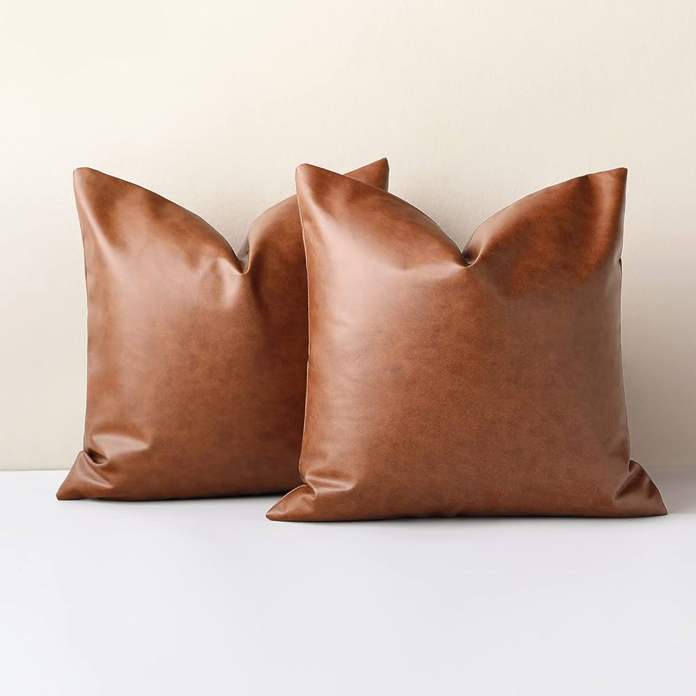 Pillow Covers 18x18 inch Set of 2 Solid Throw Faux Leather Pillow Covers, Square Modern Accent Br... | Amazon (CA)