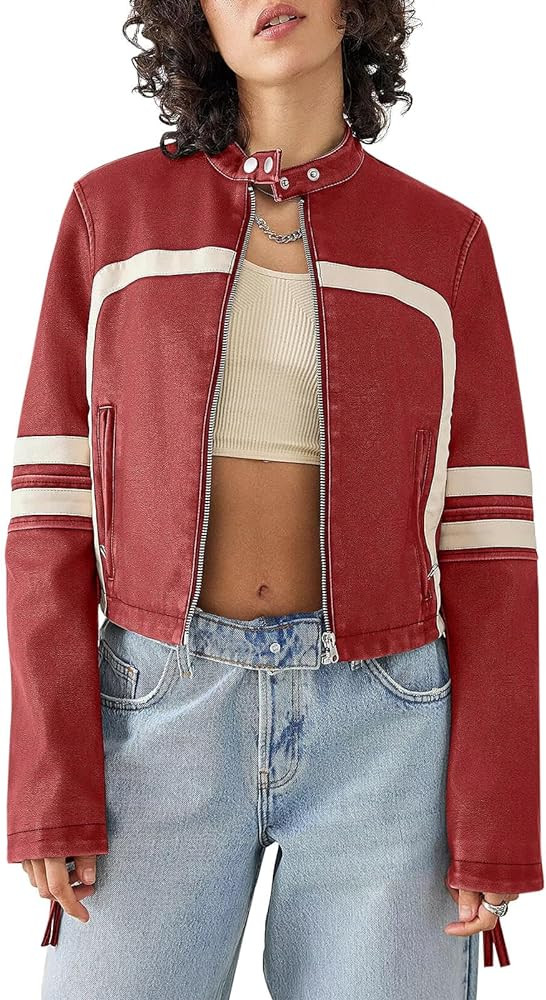 Saodimallsu Women’s Faux Leather Jackets Zip Up Stand Collar Cropped Motocross PU Coats | Amazon (US)