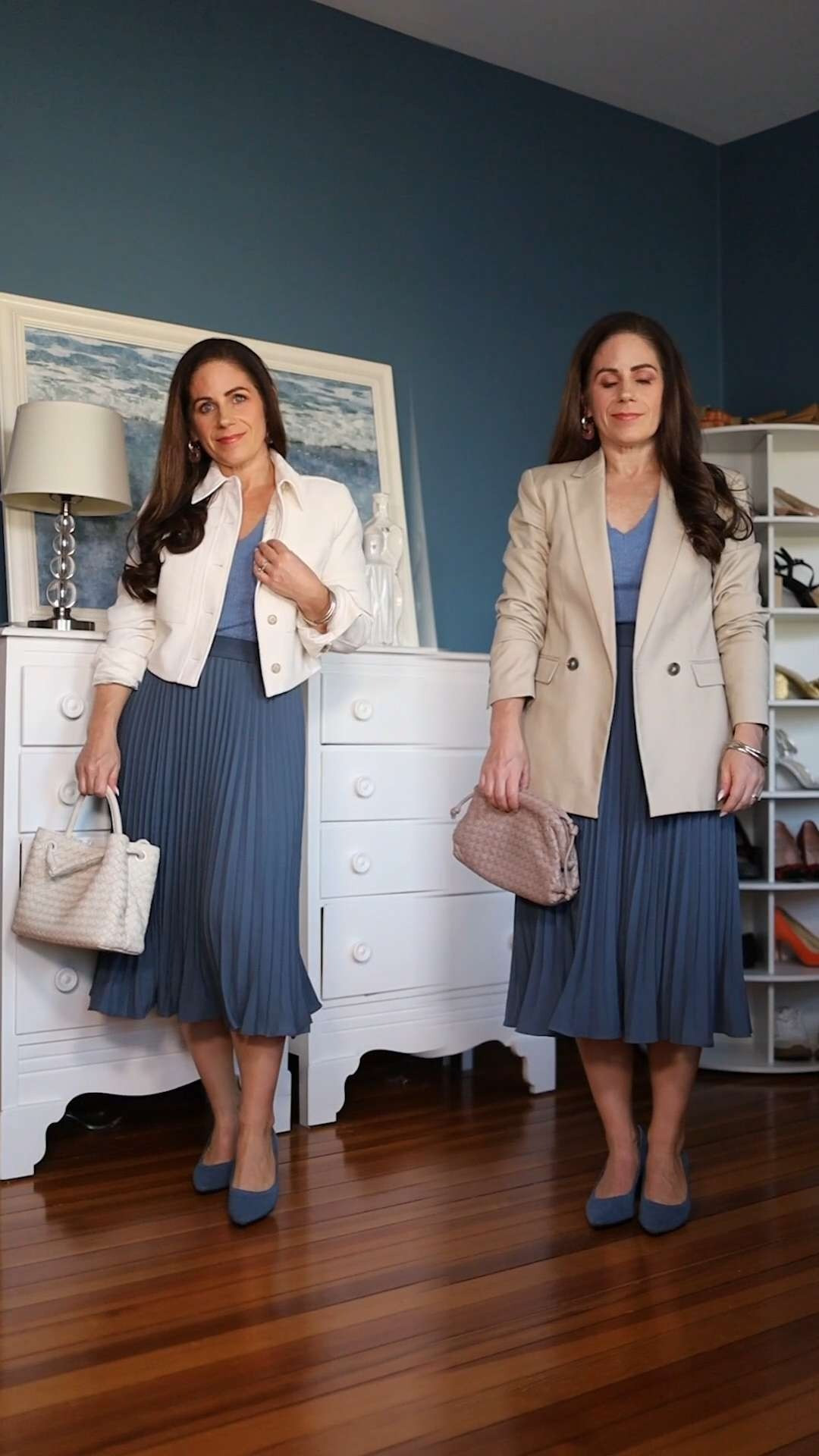 Feel like your spring outfits are a bit "off"? Here are three subtle adjustments that make a big difference: Proportion (skip long blazers w/ midi skirts - instead opt for something cropped) | avoid harsh contrast with spring colors, going for more subtle tonal dressing | and the most common, choosing a dark heavy shoe. This can visually weigh down your outfit, drawing attention to your feet. Linking all the pieces I'm wearing! 

petite workwear | petite pleated skirt | spring outfits | spring workwear  

 #LTKOver40 #LTKPetite #LTKWorkwear